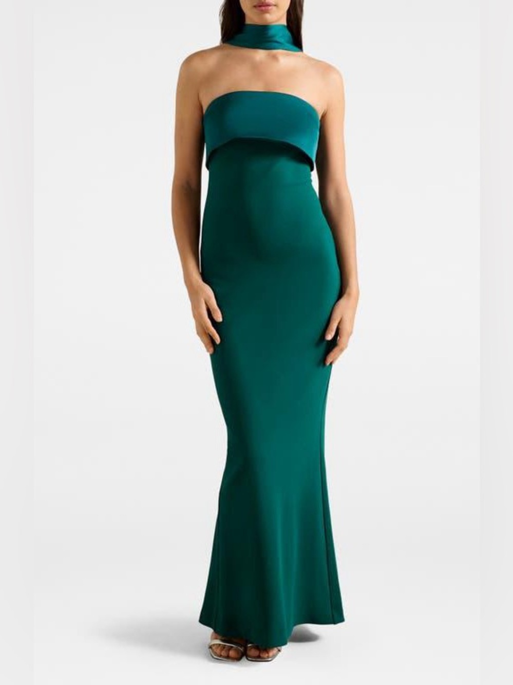 Ever New Odelia Strapless Satin Mermaid Gown & Scarf Size 8 Emerald Green
